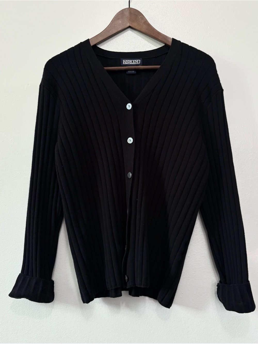 Lands' End Black Ribbed V-Neck Button-Front Cardigan